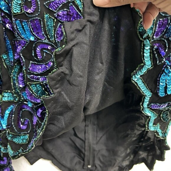 Sequin Top Black Blue Green Laurence Kazar Glam Evening New York Vintage Size L - Picture 5 of 11